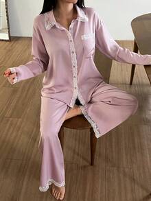 DAZY 迷人蕾丝拼接缎面宽松女士睡衣套装，冬季服装 - 粉色 - 查看 3