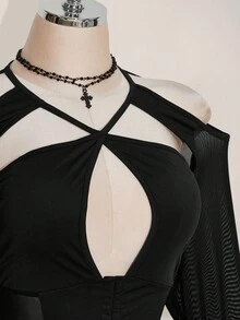 SHEIN ICON Plus Size Fashionable Sexy Long Sleeve Mesh Panel Cut-Out Shoulder Crop Top Spring Summer Concert Easter - Black - View 8
