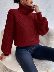 Celisse Casual Solid Color High Neck Dropped Shoulder Sweater, Autumn/Winter - Burgundy - View 3