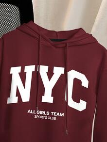 Resyla Váy len oversize dáng rộng có mũ trùm đầu bằng vải nỉ có dây rút và họa tiết chữ New York NYC dành cho nữ, trang phục áo len dài tay màu đỏ tía họa tiết đồ họa - Màu Đỏ Sâu - Xem 5