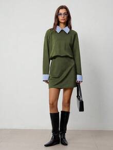 Hanevo Gestreiftes Patchwork-Kleid mit Kragen und Langarm im Lässig-College-Stil für Frauen