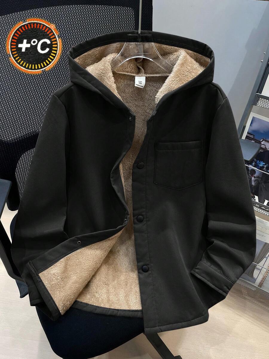 SHEIN Tween Boys' Casual Korean Style Cute Chest Patch Pocket Thermal Lined Woven Jacket