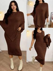 Firerie 2 件套大码女式斗篷式毛衣和 V 领直筒连衣裙套装，适合情人节、音乐会、表演、约会、正式晚宴、庆典、婚礼、性感、优雅、通勤、返校、度假、海滩、浪漫、办公室女士、美人鱼风格、生日派对蝙蝠袖连衣裙两件套针织两件套长袖优雅两件套舒适两件套秋冬 - 巧克力棕 - 查看 1