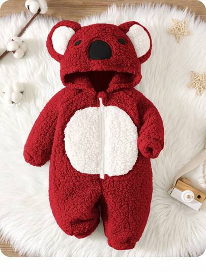 SHEIN Newborn Baby Boy Cute Koala Design Hooded Embroidered 3D Ear Bubble Fleece Romper, Autumn/Winter