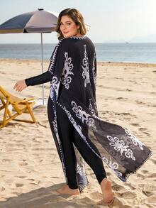 Swim Mulvari Bộ đồ liền thân 2 món màu trơn có khóa kéo cỡ lớn kèm áo choàng in họa tiết, phù hợp với phong cách Hồi giáo Trung Đông - Đen và trắng - Xem 2