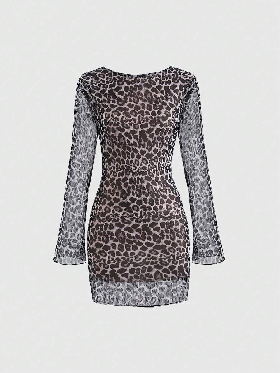 SUMWON Leopardmönstrad långärmad miniklänning med transparenta meshärmar – Festklänning med bodycon - Svart - Visa 1