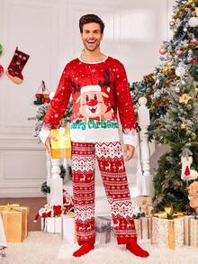 SHEIN 2pcs Men's Red & White Christmas Reindeer Fairisle Pajama Set, Comfortable Homewear Suit, Family Matching, Fall Winter Clothes Family Christmas Matching Pajamas Set - Red and White - View 5