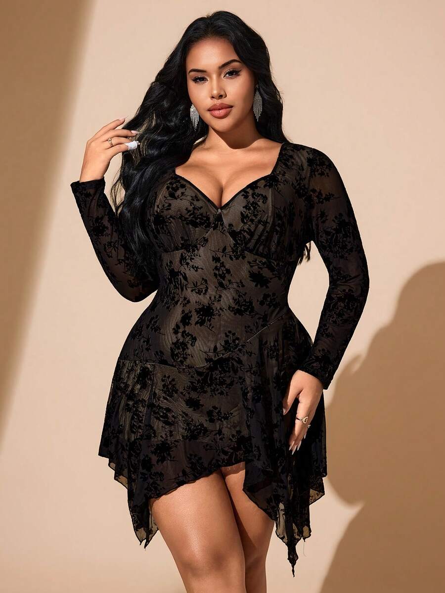 Hourglow Christmas Plus Size Women Fashionable Sexy Asymmetrical Hem Sweetheart Neck Dress, For Hourglass Body Shape