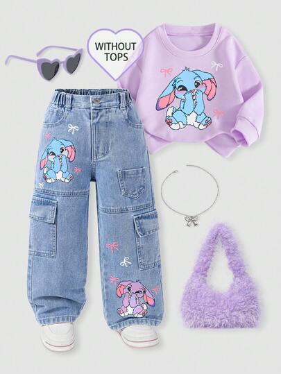 SHEIN ChillGRL Young Girls' Straight Leg Denim Pants With Pockets & Rabbit Print, Vintage Streetwear Casual Pants For School, Daily Wear. Blue + Purple Rabbit Print + Bow Design, Cute & Stylish. Relaxed Fit, Comfortable Elastic Waistband. Suitable For Casual Outings, Dates, Vacations, School, Hangouts With Friends. A Versatile Fashion Piece For All Year Round