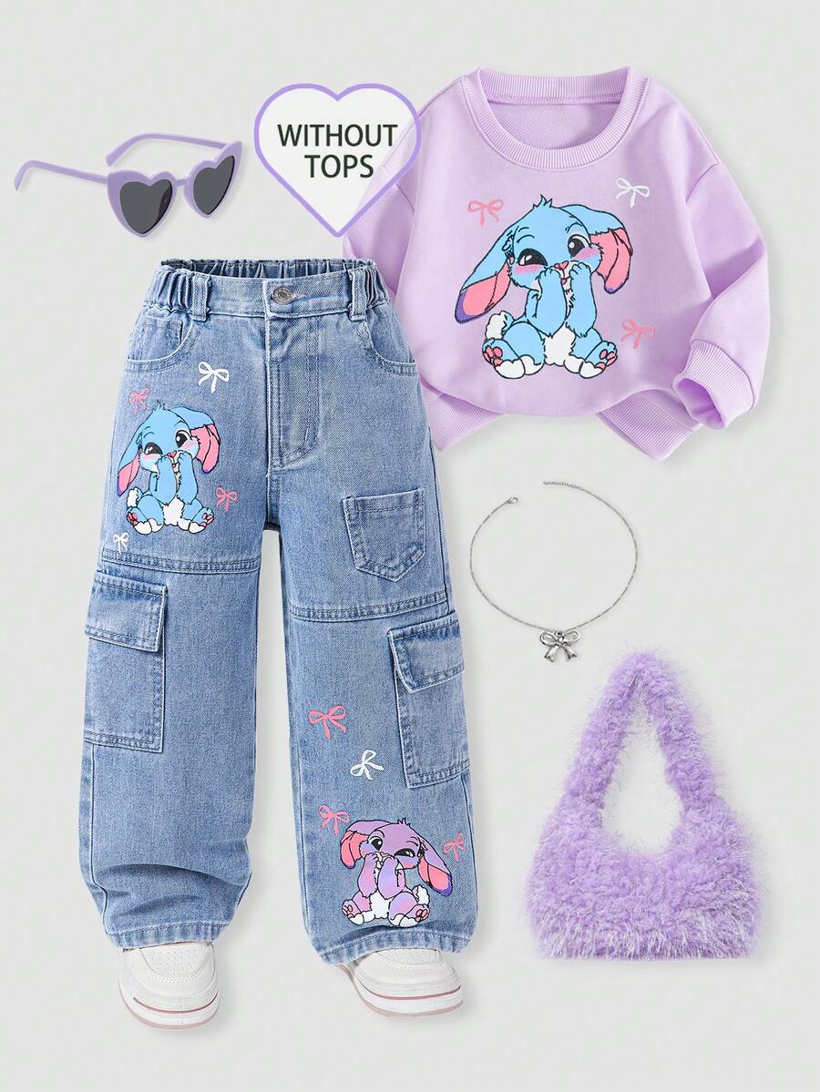 SHEIN ChillGRL Young Girls' Straight Leg Denim Pants With Pockets & Rabbit Print, Vintage Streetwear Casual Pants For School, Daily Wear. Blue + Purple Rabbit Print + Bow Design, Cute & Stylish. Relaxed Fit, Comfortable Elastic Waistband. Suitable For Casual Outings, Dates, Vacations, School, Hangouts With Friends. A Versatile Fashion Piece For All Year Round - Light Wash - View 1