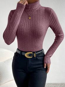 SHEIN Frenchy 长袖高领纹理面料 T 恤 - 中紫紅色 - 查看 4