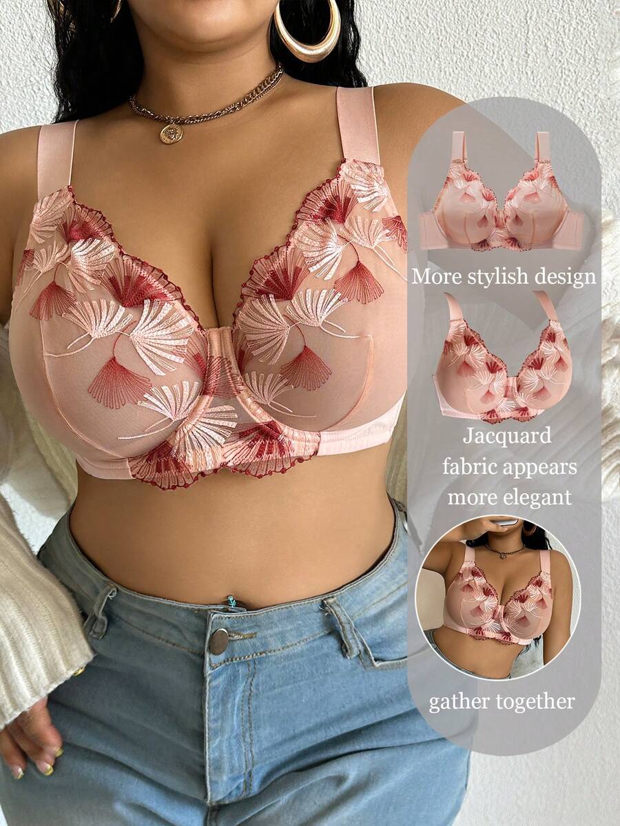 Sutien de damă Plus Size, culoare solidă, sexy, romantic, brodat cu frunze de arțar, cu bretele late reglabile, ridicare și susținere cu armătură 1 buc. - Roz Coral - Vizualizare 1