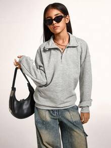Radiana Tween Girl Casual Basic Half-Zip High Neck Heather Gray Sweatshirt,In Fall/Winter - Grey - View 6