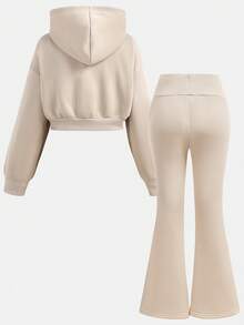 Girlism Tween Girls Knit Hooded Zip-Up Sweatshirt And Sweatpants Set, Casual Loungewear, Autumn/Winter - Apricot - View 2