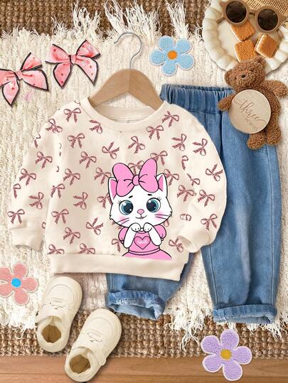 SHEIN 奶油白，可爱豹纹蝴蝶结，卡通猫咪爱心图案印花，女童休闲简约保暖加厚柔软圆领舒适长袖卫衣，适合秋冬季、圣诞节、街头风、休闲穿着