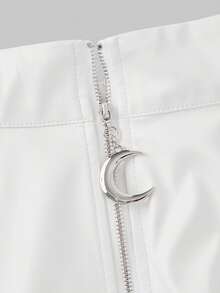 ROMWE Goth 哥特神秘黑色经典PU拉链月亮吊坠腰部A字裙女款 - 白色 - 查看 3