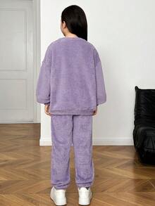 2 件套幼儿和青少年女孩双面羊毛圆领运动衫和运动裤，女孩休闲秋冬装 - 紫色 - 查看 2