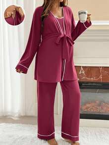 SHEIN 2 件套对比色饰边细肩带按扣前开合连体衣罩衫套装 - 酒紅色 - 查看 3