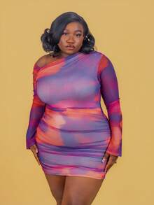 CurvyTilda Plus Size Women's Fashion Ombre Asymmetrical Neck Mini Dress, For Hourglass Body Shape