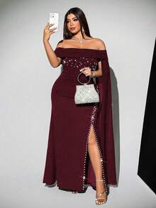 Viva Relle Váy lưới đính hạt thanh lịch cỡ lớn dành cho nữ, cổ đứng, tay dài, dáng chữ A, dự tiệc, màu đỏ tía - Màu Đỏ Sâu - Xem 3