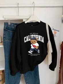 SHEIN EZwear Casual Minimalist Cartoon Bear Pattern Crew Neck Loose Fit Plus Size Sweatshirt/Winter
