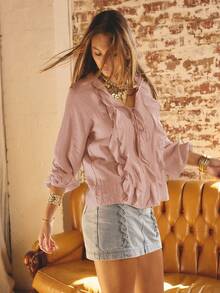 Aralina Ruffled V-Neck Long Sleeve Front Tie Blouse - Baby Pink - View 6