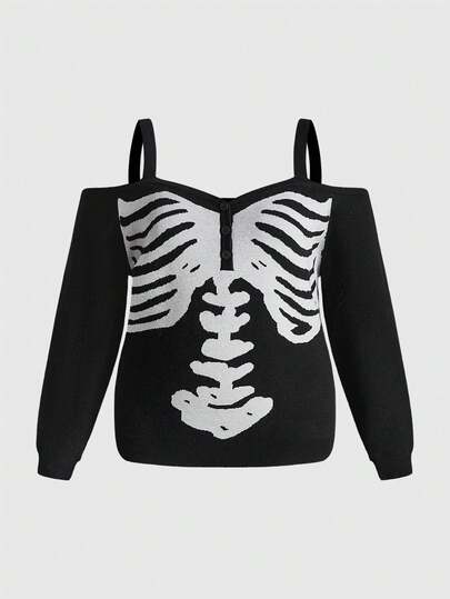 Goth Plus Size Gothic Y2K Skeleton Jacquard Black Sweater, Casual Loose Fit Pullover Sweater For Women, Autumn/Winter