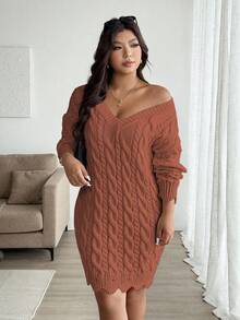 Vionelle Plus Size V-Neck Wavy Hem Drawstring Cable Knit Pattern Long Sleeve Sweater Dress, Solid Color, Casual & Fashionable For Autumn/Winter - Redwood - View 6
