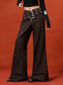 LYSMO 女士时尚系带阔腿裤，适合通勤 - 咖啡棕 - 查看 3