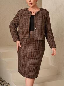 Chikora Plusstorlek dam 2-delat set, elegant, med fickor, bekväm stickad kostym, brun rutig tweed tvådelat set kjolkostymer för kvinnor tweedkostymer kvinnor tweedkavaj och kjolset brun tweedkostym tweedkjol och jacka set brunt tweedset tweedjacka kvinnor brun jacka brun kavaj kvinnor brun kofta - Brun - Visa 7