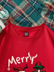 SHEIN LUNE Sudadera holgada de cuello redondo con estampado minimalista casual, color rojo, adecuada para Navidad, con estampado de renos