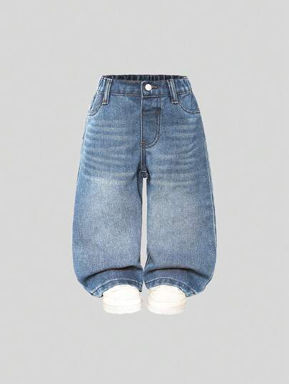 SHEIN Playful Pals Baby Girl Casual Versatile Simple Y2K Streetwear Distressed Loose Straight Washed Blue Comfortable Jeans, Suitable For Daily Wear
