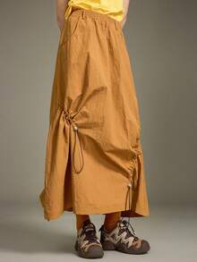 Elnivra Y2K 时尚焦糖棕卡其色女式秋冬不对称抽绳A字裙，复古美式休闲简约工装风返校季街头时尚