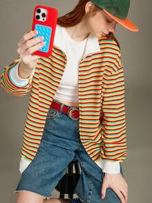 Elnivra Y2K Stylish Multicolor Striped Cardigan Women,Loose Slouchy Small Stand Collar Knit Sweater Jacket,Golden Yellow,Autumn,Streetwear,Everyday,Vintage - Multicolor - View 6