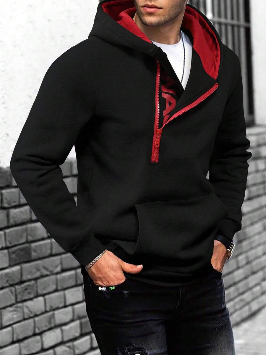 Manfinity Homme 男士休闲日常通勤字母印花半拉链前袋连帽卫衣,拉链连帽衫,休闲男士连帽衫套头衫,正装拉链卫衣和连帽衫,黑色男士连帽衫,长袖上衣 - 黑色 - 查看 1