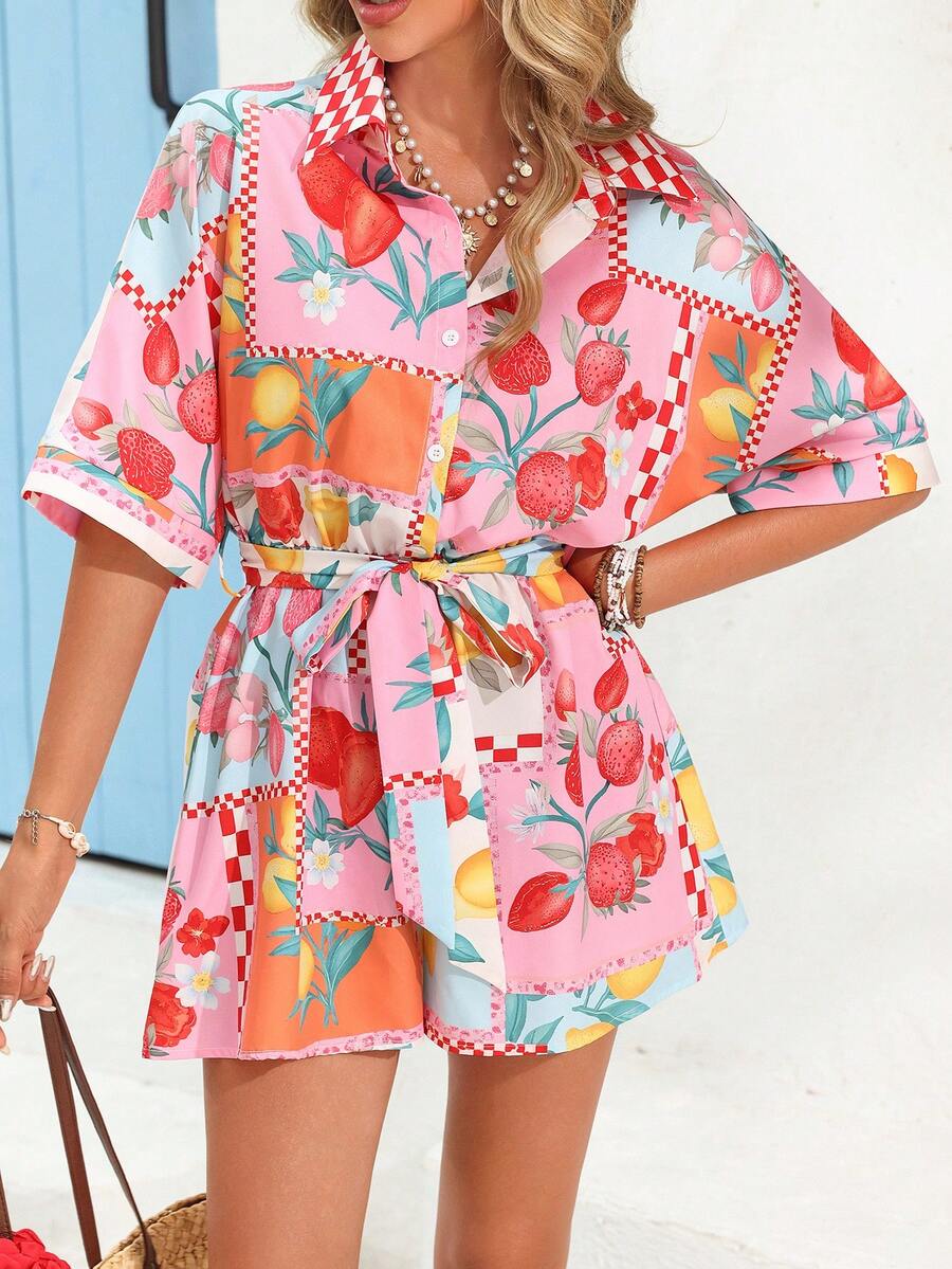 Vivid Eden Mono informal de mujer con estampado de frutas, de manga corta, de un solo pecho y con cinturón para vacaciones - Rosa - Ver 1