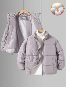 SHEIN Tween Girl Solid Color Long Sleeve Zipper Front Casual Loose Winter Jacket - Light Grey - View 1