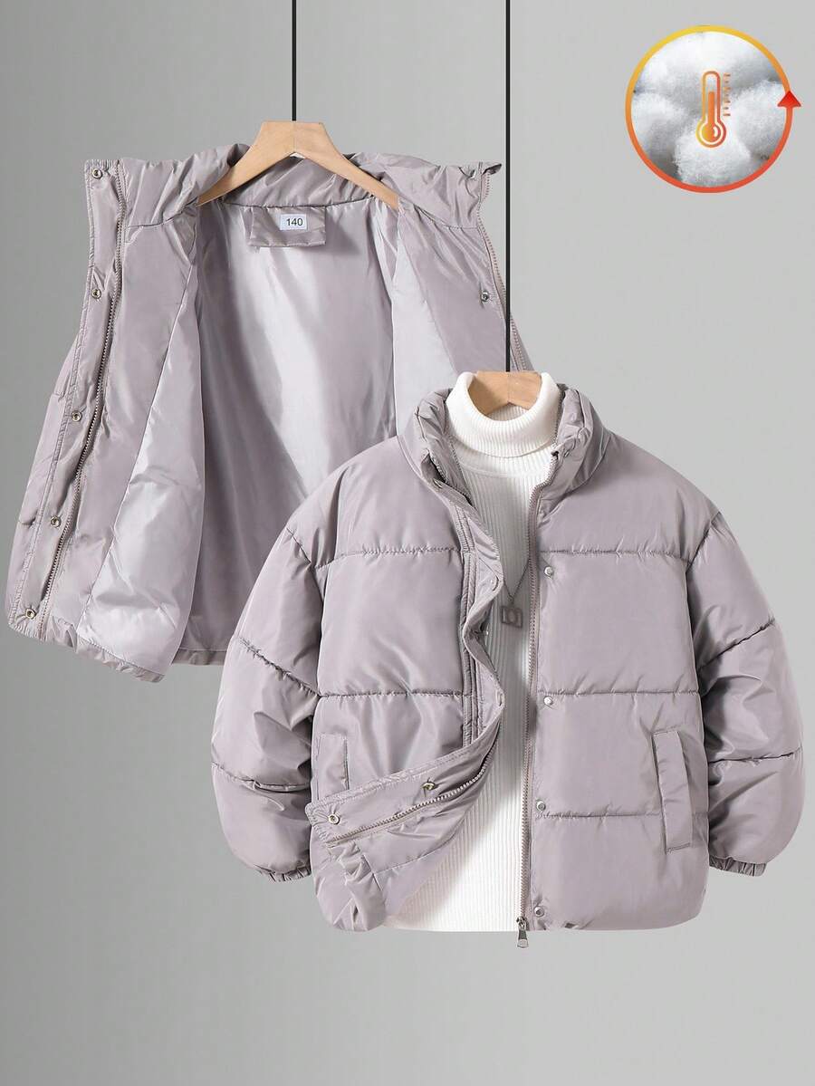 SHEIN Tween Girl Solid Color Long Sleeve Zipper Front Casual Loose Winter Jacket - Light Grey - View 1