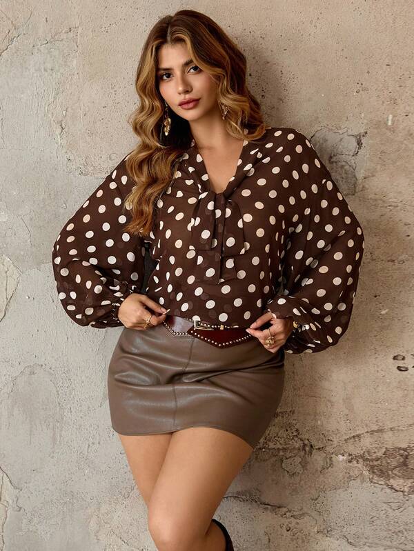 Roveilla Plus Size Front Tie Chiffon Casual Shirt, Autumn/Winter Polka Dot Blouse Puff Sleeve Blouse Brown Blouse Lantern Sleeve Blouse Blouse For Women