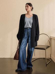 Dazy-Less 女士优雅开襟羊毛衫，休闲商务风，收腰设计，适合秋冬季节穿着，亮片装饰 - 黑色 - 查看 4