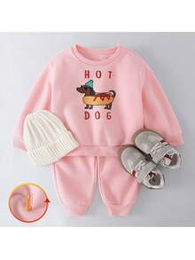 THE HAPPY LOOK 2pcs/Set Young Girl Cartoon Animal Print Soft Knit Crew Neck Long Sleeve Pullover Sweatshirt And Elastic Waist Long Pants