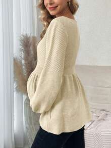 SHEIN Maternity Solid Color Round Neck Lantern Sleeve Ruffle Hem Casual Sweater, Autumn/Winter - Beige - View 2