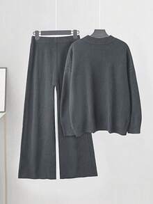 Linhara Plus Size Women Knitted Wool Sweater Loungewear Set, Coffee Color - Dark Grey - View 2
