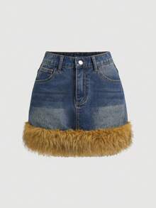 SHEIN MOD Women's Fashionable Vintage Fuzzy Patchwork Denim Mini Skirt Winter Skirt Women Christmas Skirt New Year Skirt Party Skirt For Women Chic Skirt For Women Thermal Lined Warm Denim Skirt