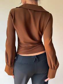 Siren Gaze Women's Elegant Coffee Brown Autumn Blouse,Minimalist V-Neck Long Sleeve Office Top,Casual Everyday Dark Chocolate Brown Solid Color Winter Top - Coffee Brown - View 2