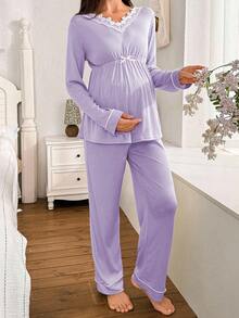 Moonlight&Mama 2pcs Maternity Contrast Embroidery Trim V-Neck Elastic Waist Casual Long Sleeve Top And Pants Pajama Set, Fall & Winter - Purple - View 3