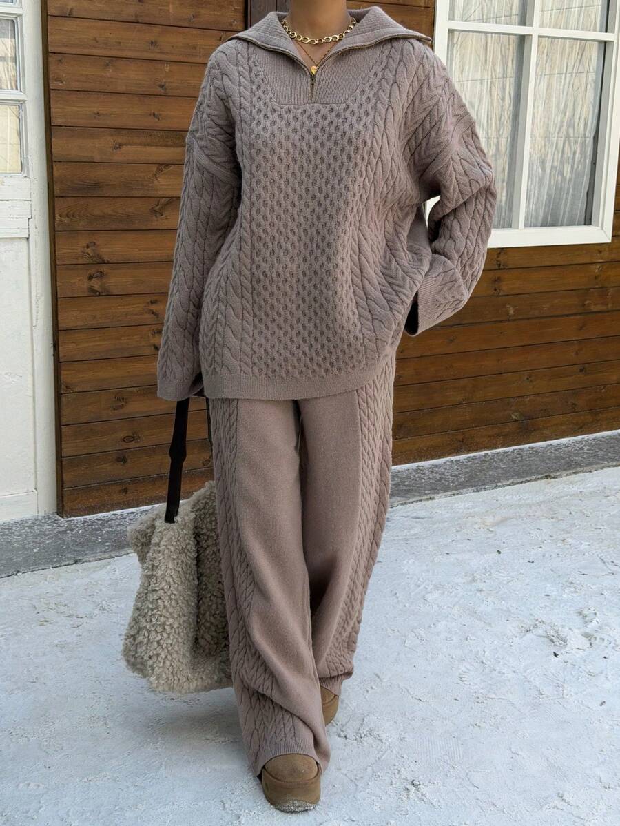 SHEIN EZwear 骆驼女款拉链开衫和裤子两件套 - 駝色 - 查看 1