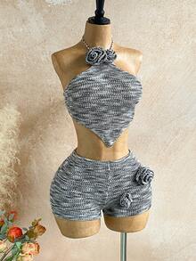 Soleia 2pcs Handmade 3D Floral Halter Backless Tank Top And Super Short Shorts Set, Sexy For Vacation Grey Two Piece Set Knit Two Piece Set Ribbed Two Piece Set Knit Halter Top And Shorts Set Setup Autumn Winter Women Christmas Sweater - Grey - View 3