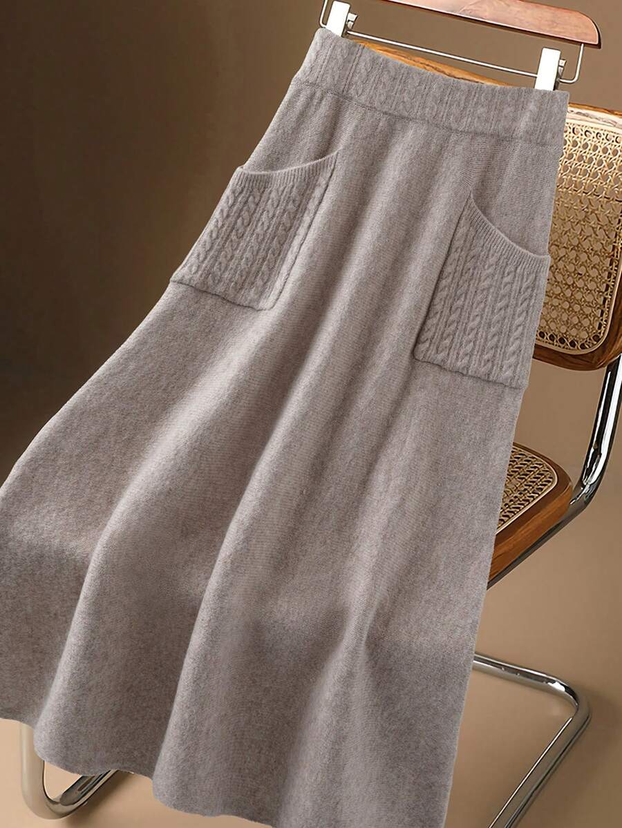 Linhara Plus Size Women Solid Color Knitted Ribbed Side Pocket Casual Skirt, Suitable For Vacation, Back To School, Home, Office, Autumn/Winter - Khaki - View 1