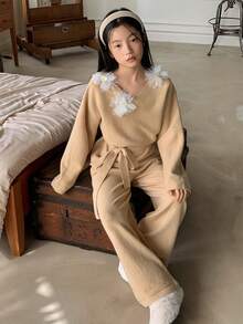 Dazy Kids Tween Girls Floral Waistband Sweater Set - Apricot - View 2